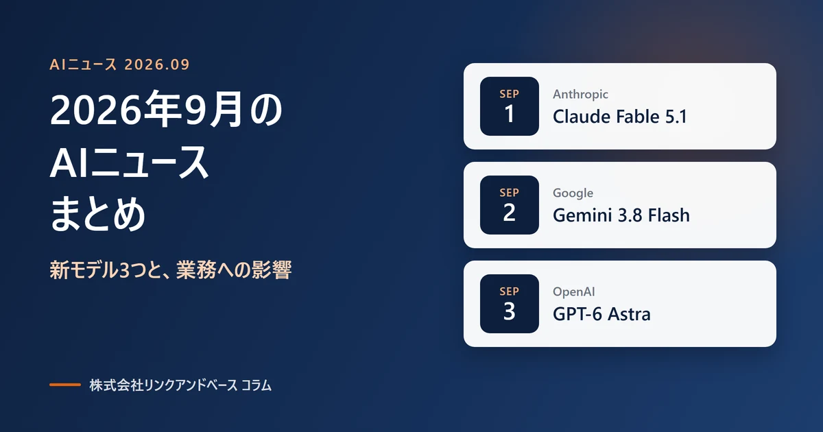 2026年9月のAIニュースまとめ。9月1日Claude Fable 5.1、9月2日Gemini 3.8 Flash、9月3日GPT-6 Astra
